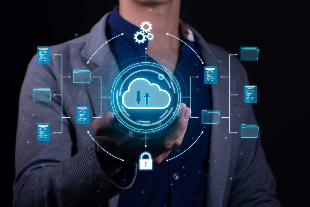 cloud storage security, man holding phone with cloud security pictured above